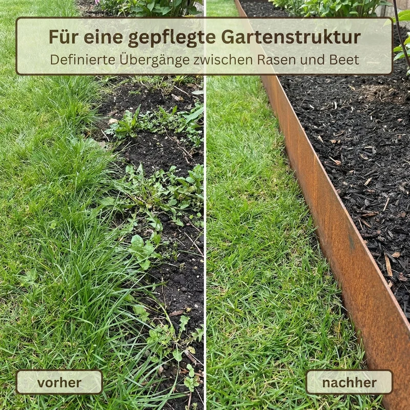Rasenkantenband aus Cortenstahl – 15 cm hoch, Länge 10 m, 0,5 mm stark – GartenAZ Beetumrandung mit Umbördelung