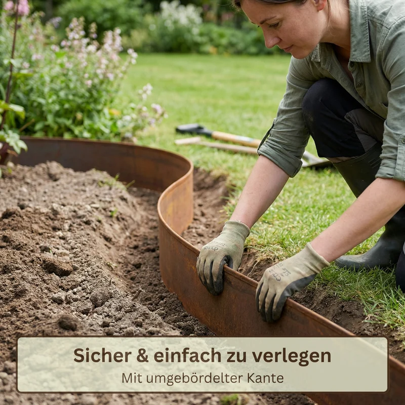 Rasenkantenband aus Cortenstahl – 15 cm hoch, Länge 10 m, 0,5 mm stark – GartenAZ Beetumrandung mit Umbördelung