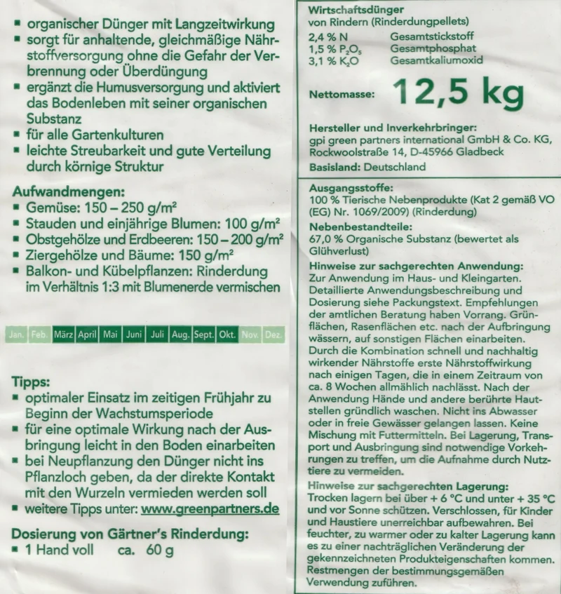 Gaertner's Rinderdung gekörnt 12,5KG Rindermist Pellets organischer Dünger