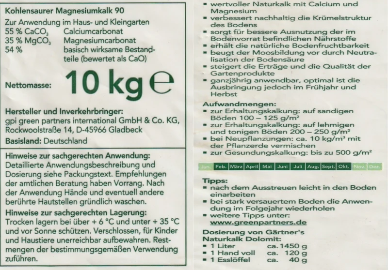 Gaertner´s Naturkalk Dolomit 10 kg Sack Magnesiumkalk für Rasen Ziergarten Gemüse Obst