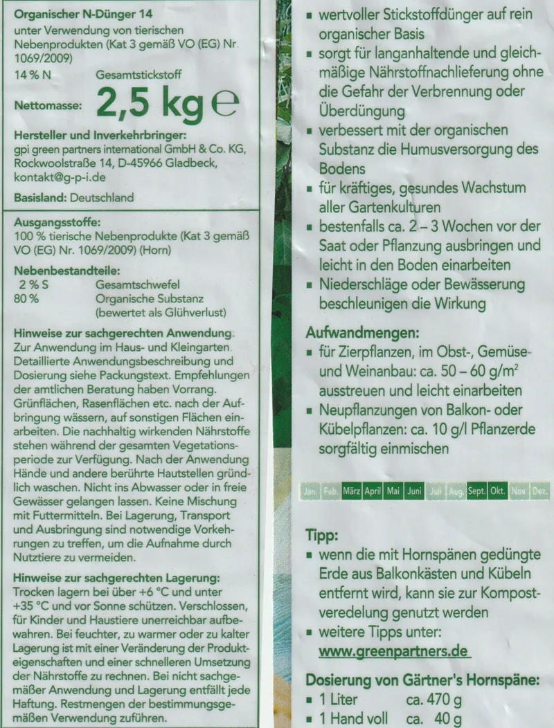 Gaertner's Hornspäne 2,5 kg organischer Naturdünger Stickstoffdünger Gemüse Blumen