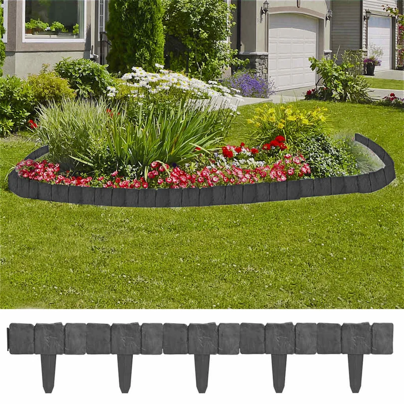 Beeteinfassung Gartenzaun Rasenzaun Steinoptik 10 m x 9,5 cm Kunststoff Grau Rasenkante
