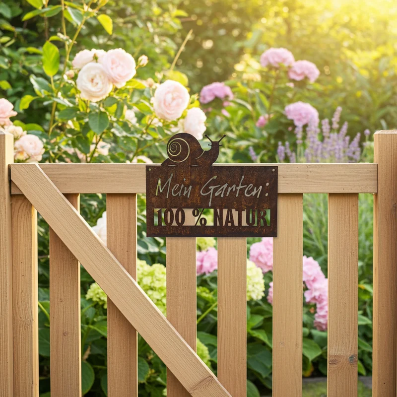 Gartenschild Rost Metall Schnecke "Mein Garten 100% Natur" 30x27cm