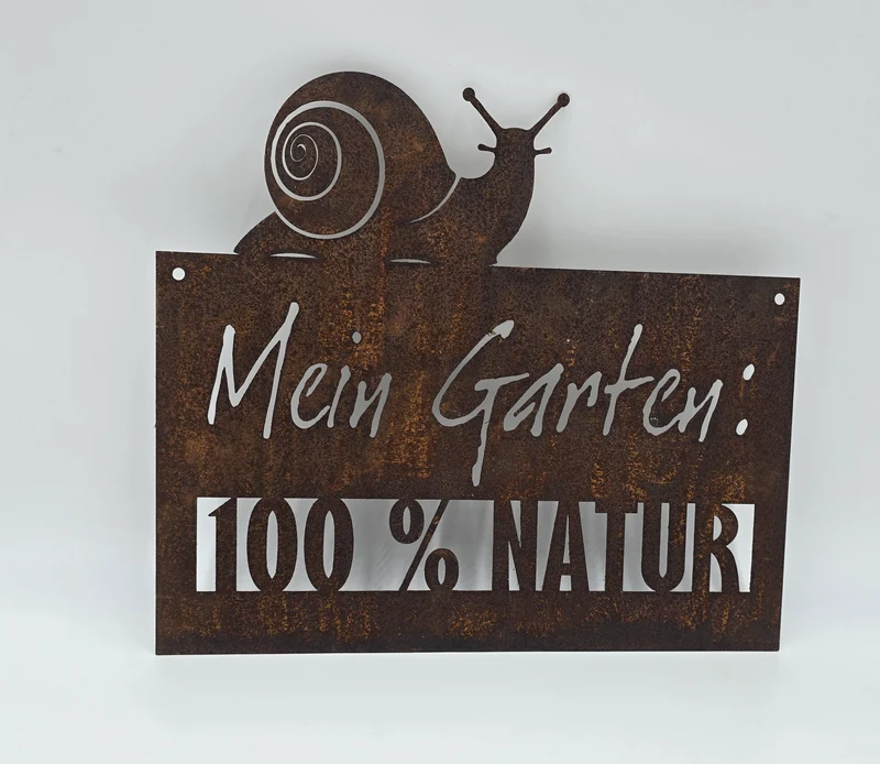 Gartenschild Rost Metall Schnecke "Mein Garten 100% Natur" 30x27cm