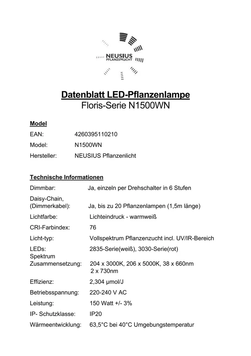 LED-Pflanzenlampe FLORIS Grow High Tech 150W dimmbar Vollspektrum