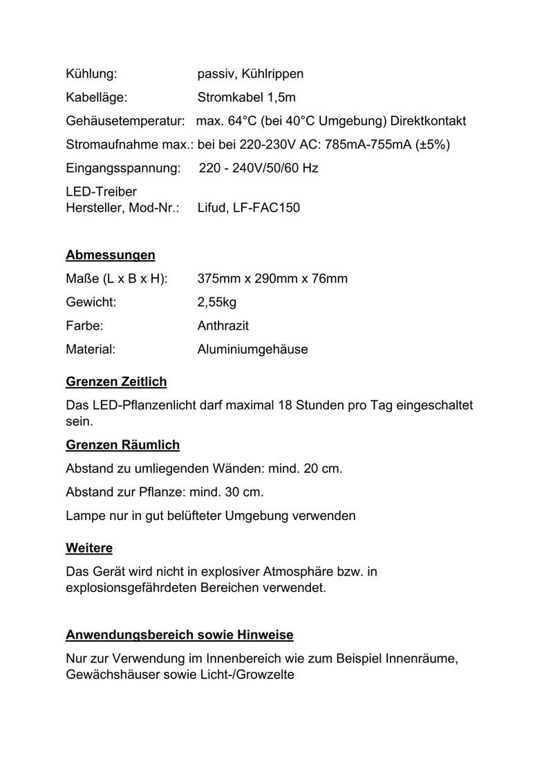 LED-Pflanzenlampe FLORIS Grow High Tech 150W dimmbar Vollspektrum