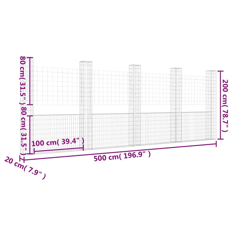 Gabionenkorb U-Form mit 5 Säulen 500x20x200 cm Gabionenwand verzinkt