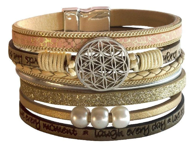 Armband \"Blume des Lebens\" Kunstleder beige, Metall silberfarben