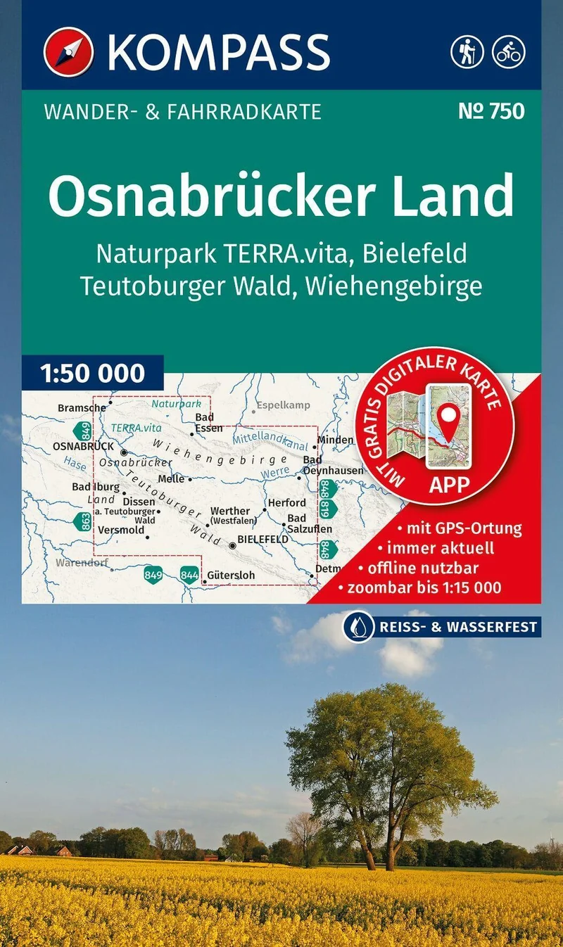 KOMPASS Wanderkarte 750 Osnabrücker Land, NP TERRA.vita, Bielefeld, Teutoburger Wald, Wiehengeb. 1:50.000