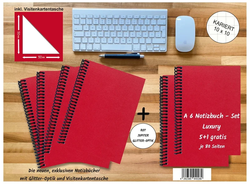 A 6 Notizbuch - Set, 4+2 gratis, Luxury 80 Seiten ROT JUPITER GLITTER-OPTIK, kariert 10x10mm