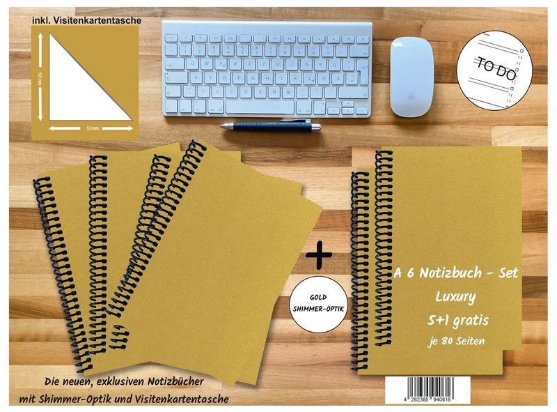 A 6 Notizbuch - Set, 4+2 gratis, Luxury 80 Seiten GOLD GMUND SHIMMER, to do