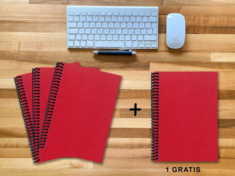 A 4 Notizbuch - Set, 3+1 gratis, Luxury 80 Seiten ROT JUPITER GLITTER-OPTIK, kariert 7x7mm