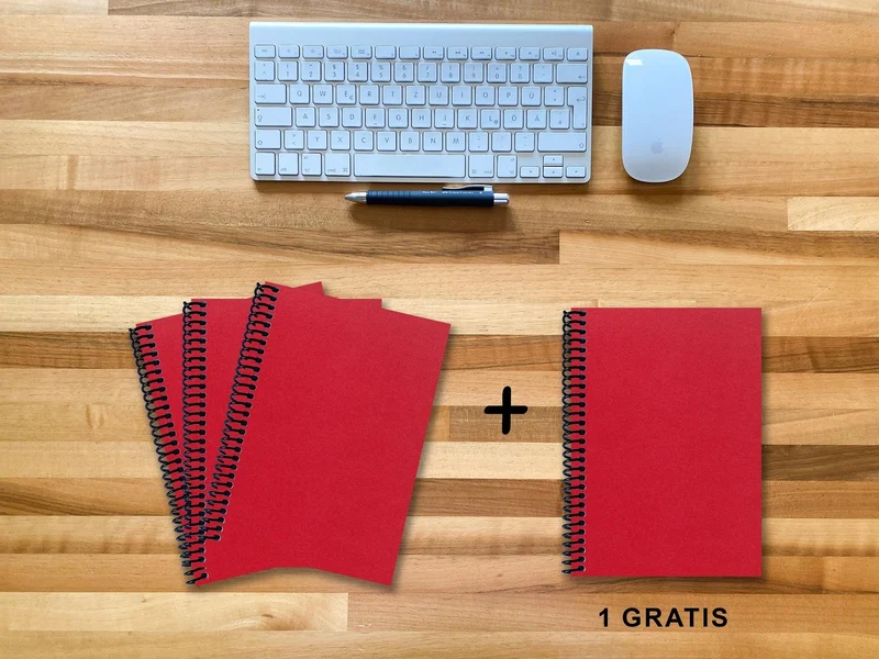 A 5 Notizbuch - Set, 3+1 gratis, Luxury 80 Seiten ROT JUPITER GLITTER-OPTIK, punktiert 5x5mm